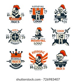 Middle ages logo design set, vintage medieval emblem since 1975 vector Illustrations
