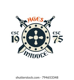 Middle ages logo, esc 1975, vintage badge or label with crossed swords and shield, heraldry element vector Illustration