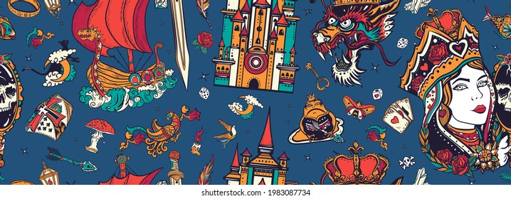 Middle Ages magic legends art. Fantasy tattooing style background.Medieval castle, queen in the golden, crown, dragon, knight, sword and princess frog. Fairy tales old school tattoo seamless pattern