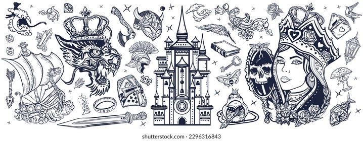 Middle Ages magic legends. Fantasy tattooing style. Medieval castle, queen in the golden, crown, dragon, knight, viking boat, sword and princess frog black and white style. Fairy tales art