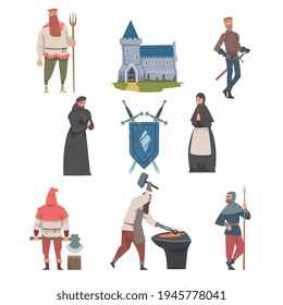 Middle Ages with Medieval People Characters, Coat of Arms and Fortress Vector Illustration Set