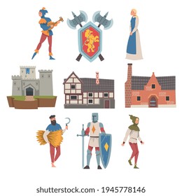 Middle Ages with Medieval People Characters, Coat of Arms and Fortress Vector Illustration Set