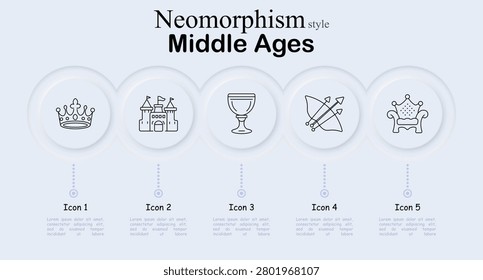 Middle Ages neomorphism set icon. Royal crown, fortified castle, ceremonial chalice, hunting bow, luxurious throne, medieval monarchy, noble heritage, ancient kingdom symbols.