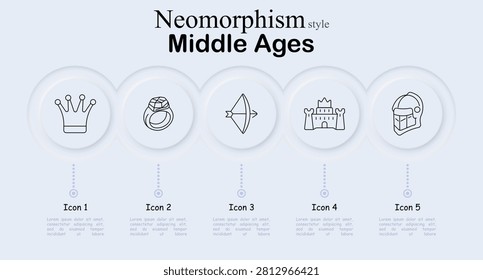 Middle Ages neomorphism set icon. Royal crown, gemstone ring, hunting bow, fortified castle, armored helmet, medieval monarchy, historical warfare, ancient kingdom symbols.