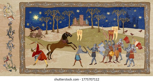 Middle Ages, parchment concept. Historical miniature art. Medieval art. Battle scene. Knights, cavalry, archers. Ancient book vector illustration 