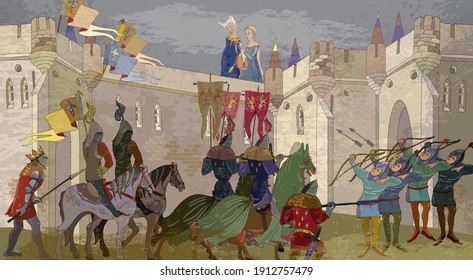 Middle Ages, parchment concept. Historical miniature art. Medieval war scene. Crusaders in an armor. Soldiers of the kingdom. Ancient book vector illustration. Knightly tournament 