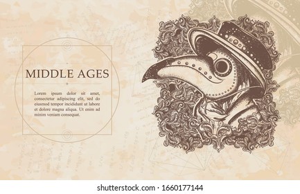 Middle Ages. Plague Doctor Portrait. Renaissance Background. Medieval Manuscript, Engraving Art 
