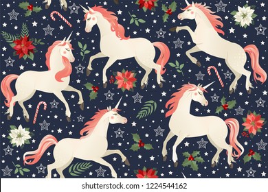 Middle Ages print Unicorns on a Christmas floral background Seamless pattern.