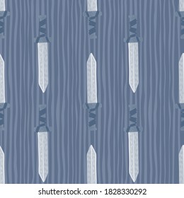 Middle ages seamless doodle pattern with sword ornament. Warrior sharp ornament on blue striped background. Perfect for fabric design, textile print, wrapping, cover. Vector illustration.