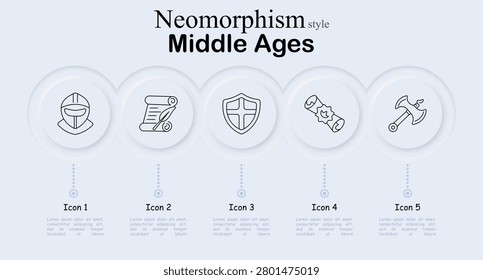 Middle Ages set icon. Armored knight helmet, historical manuscript parchment, heraldic protection crest, sealed royal document, medieval battle axe, neumorphism illustration.