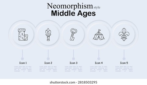 Middle Ages set icon. Fortress defensive tower, illuminated ceremonial torch, antique metallic key, striped royal tent, decorative fleur symbol, neumorphism collection.