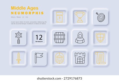 Middle Ages set icon. Line icons include castle, knight, sword, scroll, flag, helmet, barrel, trophy, shield, hood, mace, armor, and archery target with arrow.