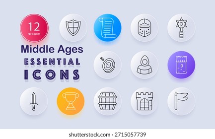 Middle Ages set icon. Shield, scroll, helmet, mace, archery target, hooded figure, castle tower, sword, barrel, gate, flag, medieval elements, warfare