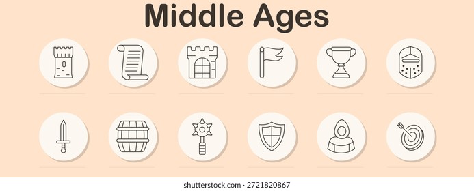 Icono de conjunto de Edades medias. Torre, pergamino, castillo, bandera, taza, caballero, espada, barril, maza, escudo, monje, blanco de tiro con arco.