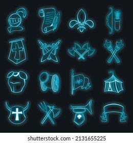 Middle ages set icons in neon style isolated on a black background