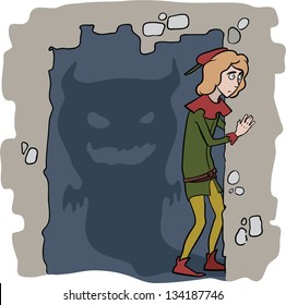The Middle Ages. Terrified young page looks for something out of the corner but scary monster appears right behind him.