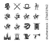The middle ages vector illustration icon set. Included the icons as medieval, knight, dragon, castle, throne, game and more.