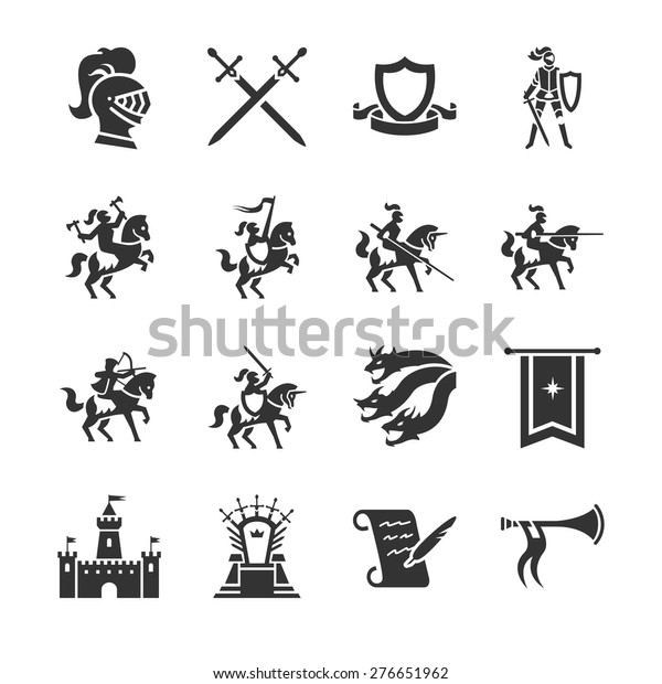 The middle ages vector illustration icon set.\
Included the icons as medieval, knight, dragon, castle, throne,\
game and more.