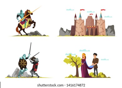 Middle ages vector illustrations set. Medieval castle drawing. Princess, prince, armed knights, warriors cartoon characters. Isolated design elements. Tournament duel fight, romantic scenes