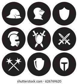Middle ages war icons set. White on a black background
