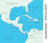 Middle America map with borders and labeling. Countries of southern North America, Central America.