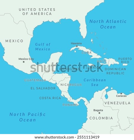 Middle America map with borders and labeling. Countries of southern North America, Central America.