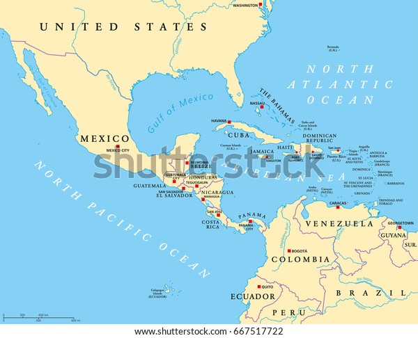 Middle America Political Map Capitals Borders Stock Vector