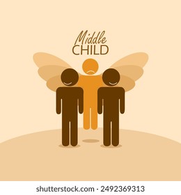 Middle Child Day event banner. Illustration of a middle child with wings flying freely but not happy with bold text on light brown background to commemorate on August 12th