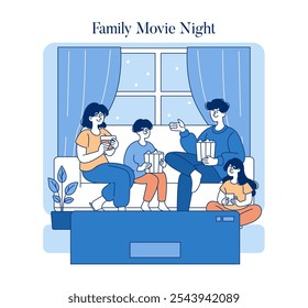 Conceito de família de classe média. Uma noite de cinema familiar acolhedora com pais e crianças desfrutando de pipoca e bebidas. Ambiente de entretenimento doméstico relaxado. Ilustração vetorial.