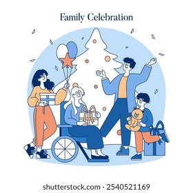 Middle Class Family concept. Illustration of a joyful family celebration with presents and decorations. Inclusive holiday gathering with wheelchair accessibility. Vector illustration.