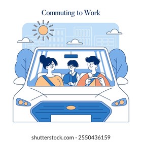 Middle Class Family concept. Portrayal of daily urban life with a family commuting to work by car on a sunny day. Routine, togetherness, city backdrop. Vector illustration.