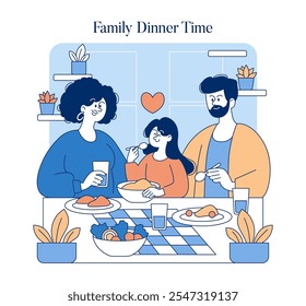 Jantar em família da classe média. Uma cena emocionante retratando uma família desfrutando de uma refeição juntos em um ambiente acolhedor. Ilustração vetorial.