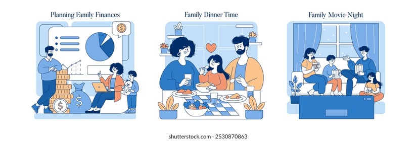 Middle Class Family set. Illustration of daily life with financial planning, shared meals, and movie night activities. Domestic harmony and budgeting. Vector illustration.