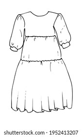 middle dress with flounces cloth Hand drawn fashion sketch. Flat vector isolated outline illustration