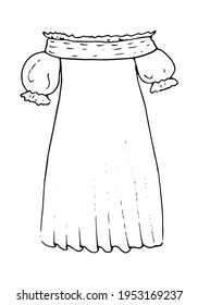 middle dress with flounces cloth Hand drawn fashion sketch. Simple flat vector isolated outline illustration