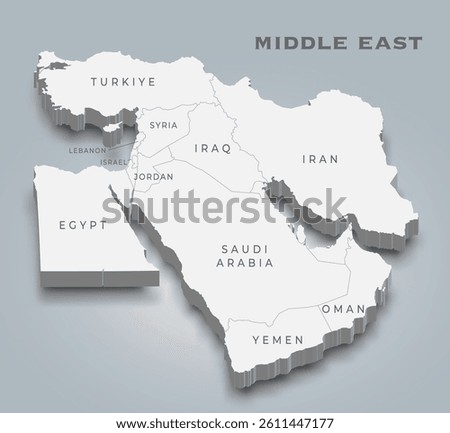 Middle East 3d map showing country borders, names, and surrounding regions including parts of Africa and Asia