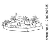 Middle east ancient city oasis with palm trees in desert line vector illustration. Outline ink simple sketch for Biblical Jerusalem for Jewish Torah history designs. Bethlehem drawing