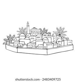 Antiguo oasis de la ciudad de Oriente Medio con palmeras en la Ilustración vectorial de la línea del desierto. Esbozo de tinta simple para Jerusalén bíblica para diseños de historia de la Torá judía. Dibujo de Belén