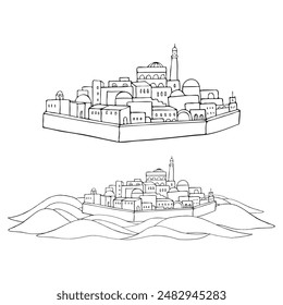 Middle east antique city castle fort in desert line vector illustration set. Outline ink simple sketch for Biblical and Arabic ancient history designs. Jerusalem or Bethlehem drawing