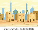 Middle east. Arabic desert landscape with traditional mud brick houses. Ancient building on background. Flat vector illustration