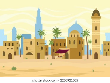 Middle east. Arabic desert landscape with traditional mud brick houses. Ancient building on background. Flat vector illustration