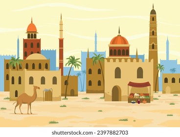 Middle east. Arabic desert landscape with traditional mud brick houses. Ancient building on background. Flat vector illustration