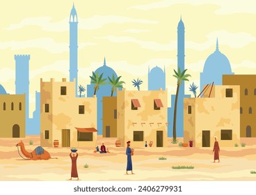 Middle east. Arabic desert landscape with traditional mud brick houses and people. Ancient building on background. Bedouin with camel, man with jug on head. Flat vector illustration