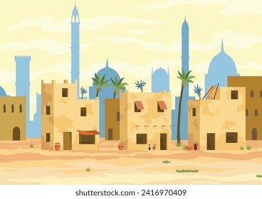 Middle east. Arabic desert landscape with traditional mud brick houses. Ancient building on background. Flat vector illustration