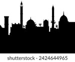 Middle east. Arabic desert with traditional mud brick houses silhouette. Ancient building. Flat vector illustration