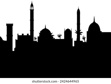 Middle east. Arabic desert with traditional mud brick houses silhouette. Ancient building. Flat vector illustration