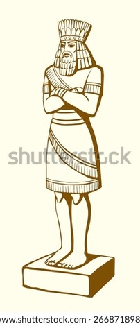 Middle east big Sumer old age gold Iraq royal prince Xerx crown dress cloth jew prophet white body leg face sign icon. Line black pencil hand drawn Iran picture sketch retro art graphic Jewish style 