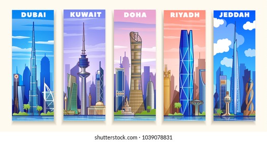 Middle East cities skyline with panorama in sky background. Vector Illustration.
 Business travel and tourism concept with modern buildings. Image for banner or web site