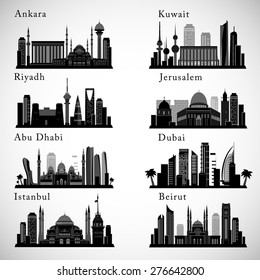 Middle East Cities skylines set. Detailed graphic Landmarks. Isolated vector illustration. 