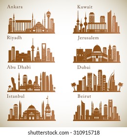 Middle East Cities skylines set. Graphic vector silhouettes of landmarks.